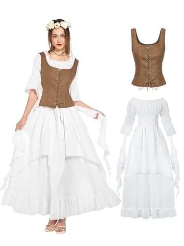 kasahara Mittelalter Kleidung Damen, Elegant Retro Weste Kleid Renaissance Feen Kostüm Victorian Kleid Gothic Hexen Maxi Wedding Dress Karneval Faschingskostüm (Khaki, L) von kasahara