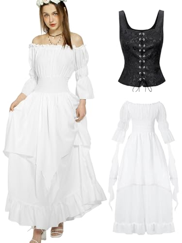 kasahara Mittelalter Kleidung Damen, Elegant Retro Weste Kleid Renaissance Feen Kostüm Victorian Kleid Gothic Hexen Maxi Wedding Dress Karneval Faschingskostüm (Schwarz, L) von kasahara