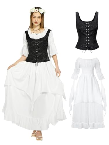 kasahara Mittelalter Kleidung Damen, Elegant Retro Weste Kleid Renaissance Feen Kostüm Victorian Kleid Gothic Hexen Maxi Wedding Dress Karneval Faschingskostüm (Schwarz, XL) von kasahara