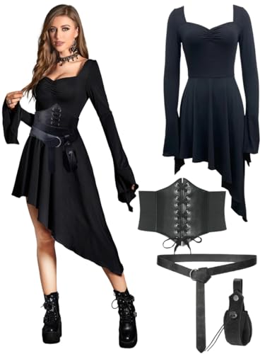 kasahara Mittelalter Kleidung Damen Set Gothic Kleid Retro Renaissance Bekleidung mit Korsett, Gürteltasche, Gürtel, Viktorianisch Hexe Karneval Faschingskostüm (Black, M) von kasahara