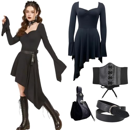 Mittelalter Kleidung Damen Set Gothic Kleid Retro Renaissance Bekleidung mit Korsett, Gürteltasche, Gürtel, Viktorianisch Hexe Karneval Faschingskostüm (Black, M) von kasahara