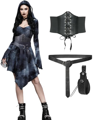 kasahara Mittelalter Kleidung Damen Set Gothic Kleid Retro Renaissance Bekleidung mit Korsett, Gürteltasche, Gürtel, Viktorianisch Hexe Karneval Faschingskostüm (Grey, M) von kasahara