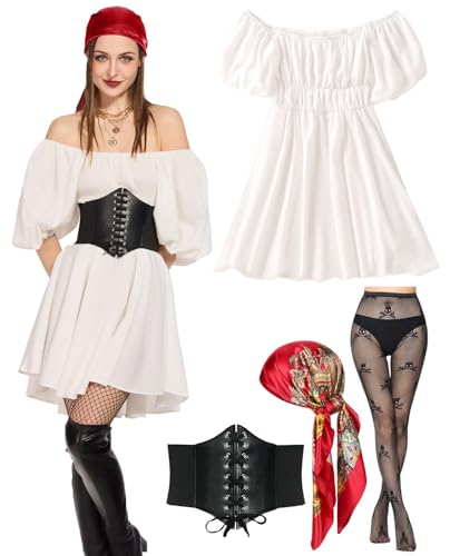 kasahara Piratenkostüm Damen Set Mittelalter Piraten Off Shoulder Jumpsuit Outfit mit Korsett, Strumpf, Kopftuch, Karneval Full Faschingskostüm (White-KurzÄrmel, M) von kasahara