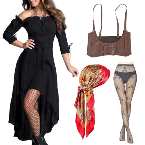 kasahara Piratenkostüm Damen Set Mittelalter Piraten Off Shoulder Kleid Piratin Outfit mit Korsett, Strumpf, Kopftuch, Karneval Full Faschingskostüm (Black, XL) von kasahara