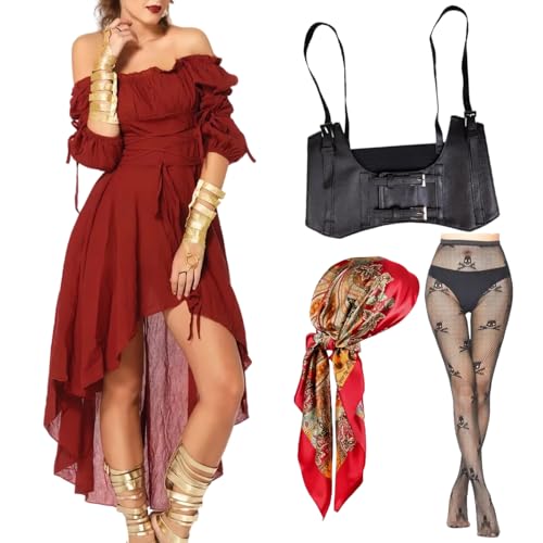 kasahara Piratenkostüm Damen Set Mittelalter Piraten Off Shoulder Kleid Piratin Outfit mit Korsett, Strumpf, Kopftuch, Karneval Full Faschingskostüm (Red, M) von kasahara