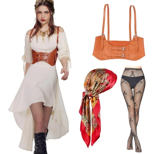 kasahara Piratenkostüm Damen Set Mittelalter Piraten Off Shoulder Kleid Piratin Outfit mit Korsett, Strumpf, Kopftuch, Karneval Full Faschingskostüm (off-white, M) von kasahara