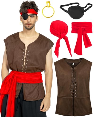kasahara Piratenkostüm Herren Set Mittelalter Retro Weste Kleidung Renaissance Costume Set Piraten Kopftuch Belt Augenklappe Wikinger Kostüm Karneval Faschingskostüm (Red, 2XL) von kasahara