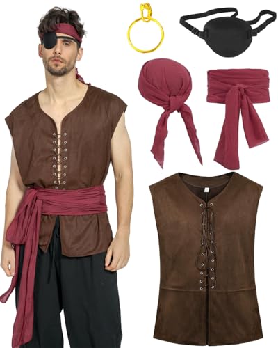 kasahara Piratenkostüm Herren Set Mittelalter Retro Weste Kleidung Renaissance Costume Set Piraten Kopftuch Belt Augenklappe Wikinger Kostüm Karneval Faschingskostüm (Wein-Red, S) von kasahara
