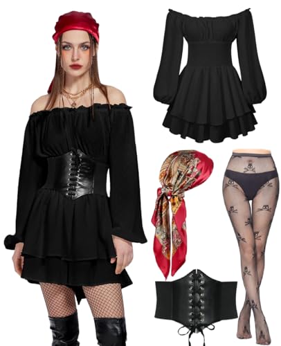 kasahara Piratenkostüm für Damen mit Knochen, Unterbrustkorsett, Bandana, Zubehör, Piratenkostüme, 5 Stück (Black, M) von kasahara