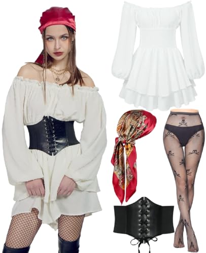 kasahara Piratenkostüm für Damen mit Knochen, Unterbrustkorsett, Bandana, Zubehör, Piratenkostüme, 5 Stück (White, L) von kasahara