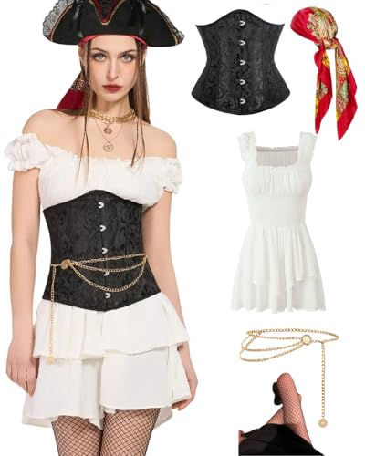 kasahara Piratenkostüm für Damen mit Knochen, Unterbrustkorsett, Bandana, Zubehör, Piratenkostüme, 5 Stück kasahara Piratenkostüm für Damen mit Knochen, Unterbrustkorsett, Bandana, Zubehör, Piratenkostüme, 5 Stück von kasahara