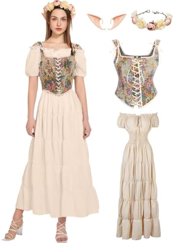 kasahara Renaissance Kleid Kostüm Damen mit Blumen Überbrust Korsett Top Mittelalter Ren Faire Kostüm Aprikose XS von kasahara
