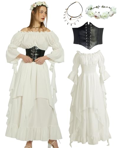 kasahara Renaissance-Kleid für Damen, Mittelalter-Kostüm, Kleid für Damen, mit Blumenkrone, Korsettgürtel, Renaissance-Feenkostüm für Damen, 4-teilig, Weiß, XXL/3XL kasahara Renaissance-Kleid für Damen, Mittelalter-Kostüm, Kleid für Damen, mit Blumenkrone, Korsettgürtel, Renaissance-Feenkostüm für Damen, 4-teilig, Weiß, XXL/3XL von kasahara