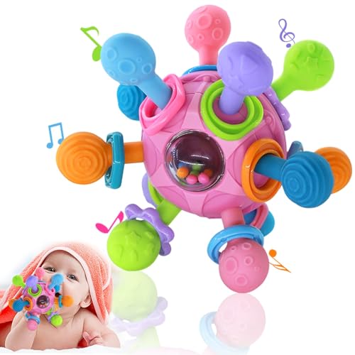 katietoy Baby Spielzeug ab 3 Monate, Sensorik Beißspielzeug, Babyspielzeug 0-6 Monate Mit Shaker/Grab/Spin, Montessori Greifball für Babys, Babys Geschenk ab 0 4 6 9 Monate (Rosa) von katietoy