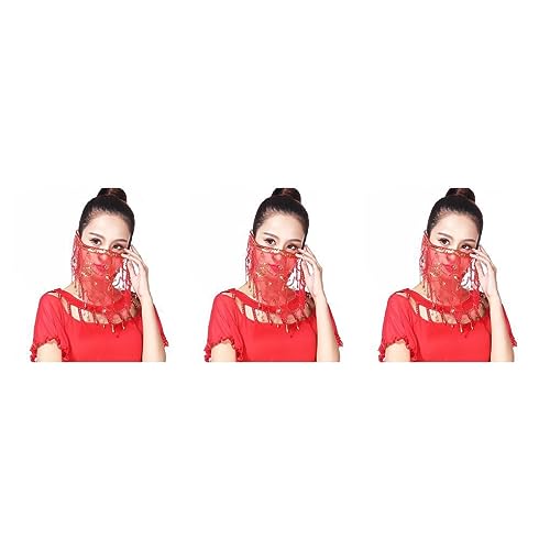 kawehiop 3 Satz von Sexy Frauen Pailletten Gesichtsschleier Wassertropfen Typ Hautfreundlich Bauchtanz Gesichtsbedeckung Schal Kostüme Zubehör Netzschleier Rot, Rot 3Satz von kawehiop