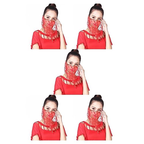 kawehiop 5 Satz von Sexy Frauen Pailletten Gesichtsschleier Wassertropfen Typ Hautfreundlich Bauchtanz Gesichtsbedeckung Schal Kostüme Zubehör Netzschleier Rot, Rot 5Satz von kawehiop