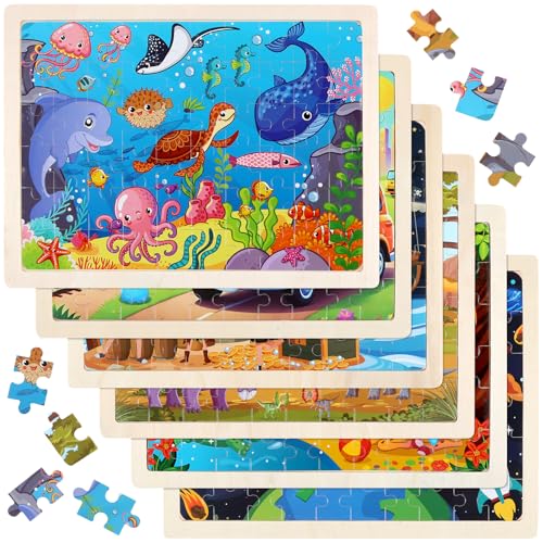 6 Stück Tiere Holzpuzzle Kinder, Lernspielzeug Steckpuzzle, Kinderpuzzle für ab 3 Jahre Jungen und Mädchen (Dinosaurier, Meerestiere, Strandtiere, Piratenkapitän, Weltraum, Fahrzeuge) von kayqbonke