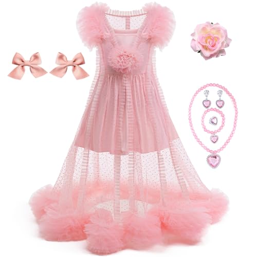 keaiyouhuo Kinder Rosa Hexe Kostüm für Mädchen 2 Stück Rosa Mesh Pyjamas Kleid Gute Hexe Outfits mit Zubehör von keaiyouhuo