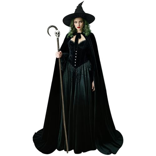 keland Böse Hexen Kostüm Damen Hexenhut mit Umhang Erwachsene für Halloween Cosplay (Schwarz) von keland