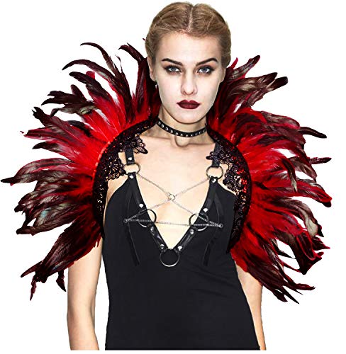 keland Damen Gothic Feder Umhang Kragen Capelet Federkragen Federumhang Flügel Schulter Gotisch Halloween Maleficent Kostüm(Rot) von keland