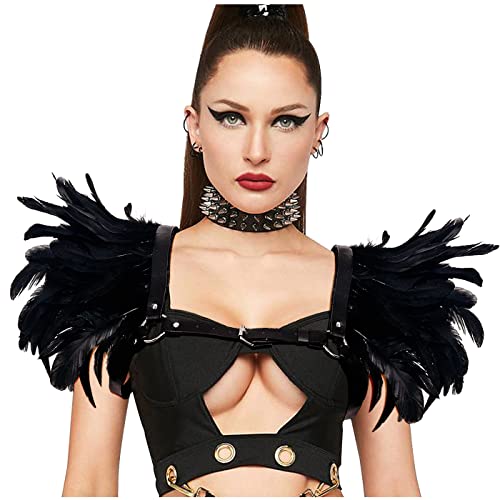 keland Damen Gothic Viktorianisch Feder Epaulettes Schal Umhang Steampunk Leder Körper Harnisch (Z-Schwarz-002) von keland