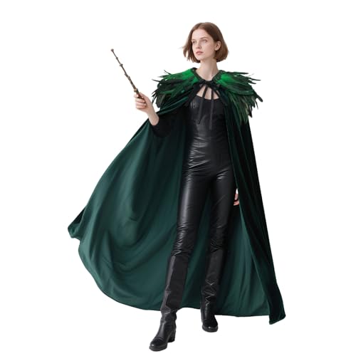 keland Damen Herren Samt Umhang mit Gothic Federkragen Feder Cape für Halloween (Grün) von keland