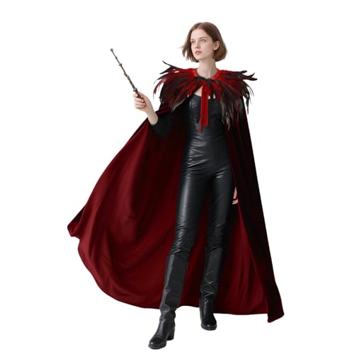 keland Damen Herren Samt Umhang mit Gothic Federkragen Feder Cape für Halloween (Rot) von keland