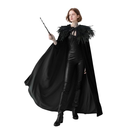 keland Damen Herren Samt Umhang mit Gothic Federkragen Feder Cape für Halloween (Schwarz) von keland