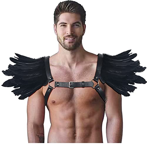 keland Gothic Halloween Kostüm Accessoires Feder Epaulettes Shrug Schulterklappen mit Leder Body Harness für Männer (Z-Schwarz) von keland