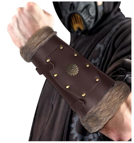 keland Kunstfell Wikinger Leder Armschienen Mittelalter Armschutz Armstulpen für Damen Herren LARP Zubehör, EIN Paar (Braun) von keland