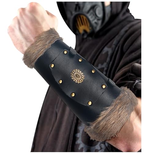 keland Kunstfell Wikinger Leder Armschienen Mittelalter Armschutz Armstulpen für Damen Herren LARP Zubehör, EIN Paar (Schwarz) von keland