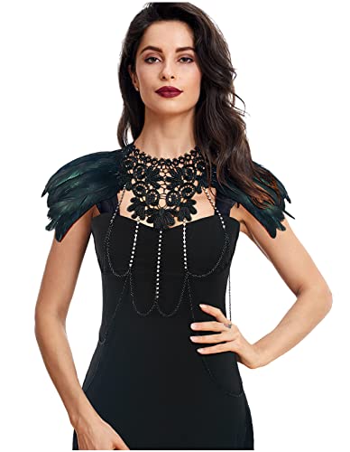 keland Maleficent Kostüm Gotisch Feder Schulterklappen Schal Spitzen Kragen Steampunk Brustkette Körperschmuck (Schwarz-003) von keland