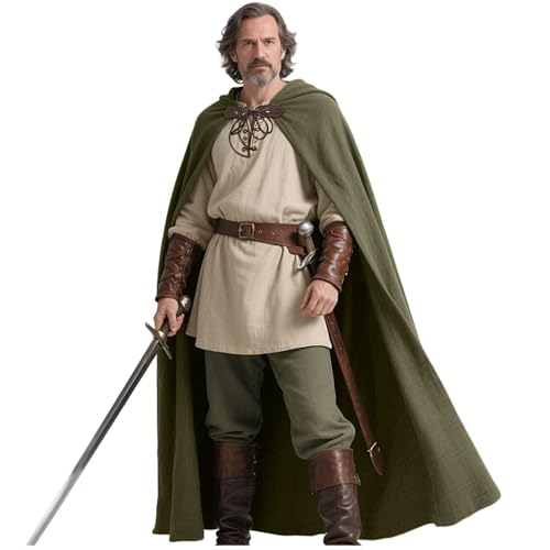 keland Mittelalter Umhang Leinen Kapuzenumhang Renaissance für Damen Herren Halloween (Grün-1) von keland