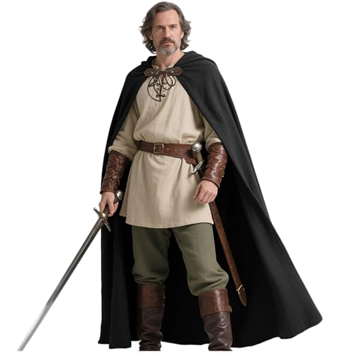 keland Mittelalter Umhang Leinen Kapuzenumhang Renaissance für Damen Herren Halloween (Schwarz) von keland
