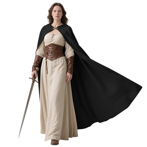 keland Mittelalter Umhang Leinen Renaissance Kapuzenumhang für Damen Herren Halloween Cosplay (Schwarz) von keland