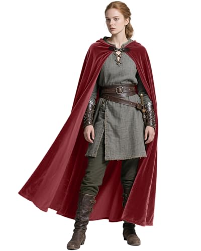 keland Mittelalter Umhang mit Kapuze Renaissance Cloak für Damen Herren Halloween Cosplay (Rot) von keland