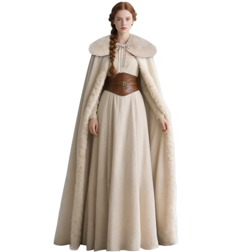 keland Renaissance Samt Umhang mit Wikinger Fell Kragen für Damen Halloween Kostüm (Beige) von keland