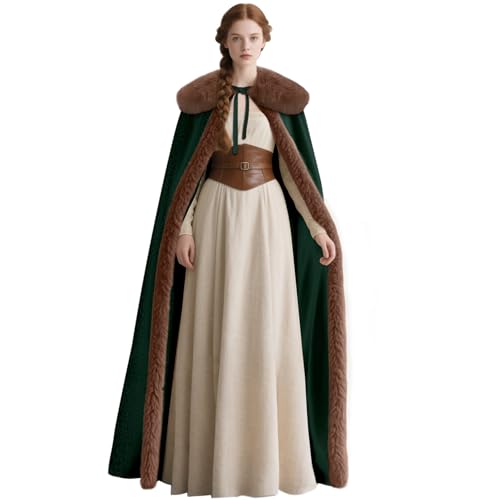 keland Renaissance Samt Umhang mit Wikinger Fell Kragen für Damen Halloween Kostüm (Grün ) von keland