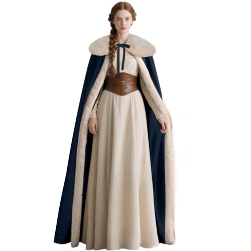 keland Renaissance Samt Umhang mit Wikinger Fell Kragen für Damen Halloween Kostüm (Marineblau) von keland