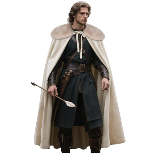 keland Renaissance Samt Umhang mit Wikinger Fell Schulter für Herren Halloween Cosplay (Beige) von keland