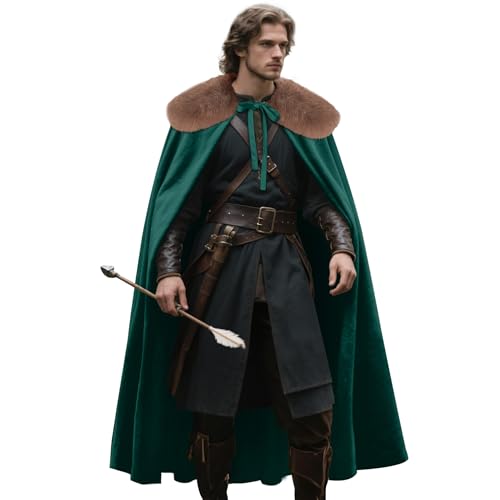 keland Renaissance Samt Umhang mit Wikinger Fell Schulter für Herren Halloween Cosplay (Grün) von keland