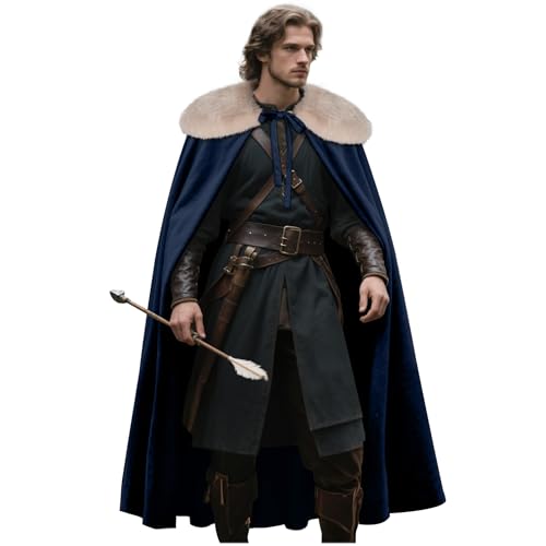 keland Renaissance Samt Umhang mit Wikinger Fell Schulter für Herren Halloween Cosplay (Marineblau) von keland