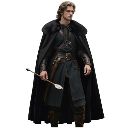 keland Renaissance Samt Umhang mit Wikinger Fell Schulter für Herren Halloween Cosplay (Schwarz) von keland