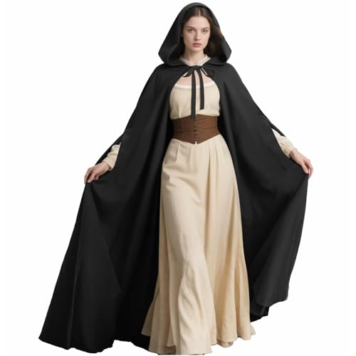 keland Renaissance Umhang mit Kapuze Damen Mittelalterlicher Kapuzenumhang mit Ärmellöchern für Halloween (Schwarz) von keland