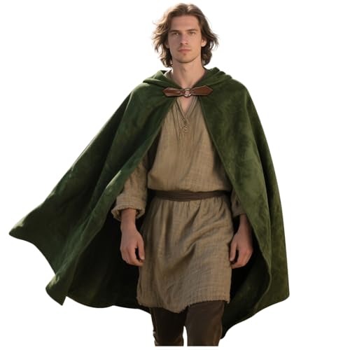 keland Renaissance Umhang mit Kapuze Samt Kapuzenumhang Halloween Mittelalter Hobbit Kapuzenmantel (Grün) von keland