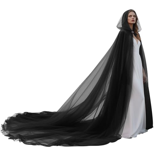 keland Tüll Umhang mit Kapuze Tüllumhang mit Schleppe für Halloween & Hochzeiten (Schwarz) von keland