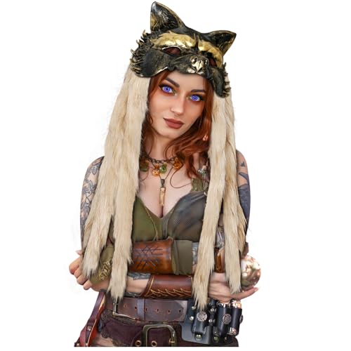 keland Wikinger Wolf Maske mit Fell Werwolf Maske Erwachsene Halloween Cosplay (D-Gold) von keland