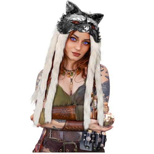 keland Wikinger Wolf Maske mit Fell Werwolf Maske Erwachsene Halloween Cosplay (D-Silber) von keland
