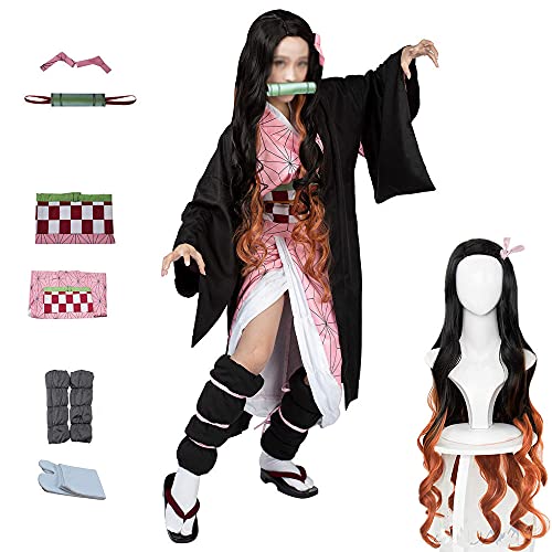 kelihood Japanische Anime Demon Slayer Cosplay:Kimetsu no Yaiba Kamado Nezuko Costume with Bamboo Props for Adult Children Outfit Halloween Costume-Kinder_XXL von kelihood