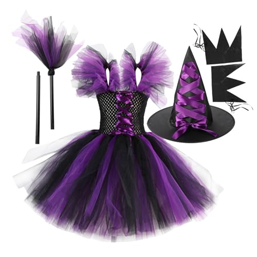 keloppasit Hexenkostüm Für Mädchen, Kinder Halloween Cosplay Hexen Outfit, Besenhut Rollenspiel Ärmel Verkleidungs Set Für Geisterfest von keloppasit